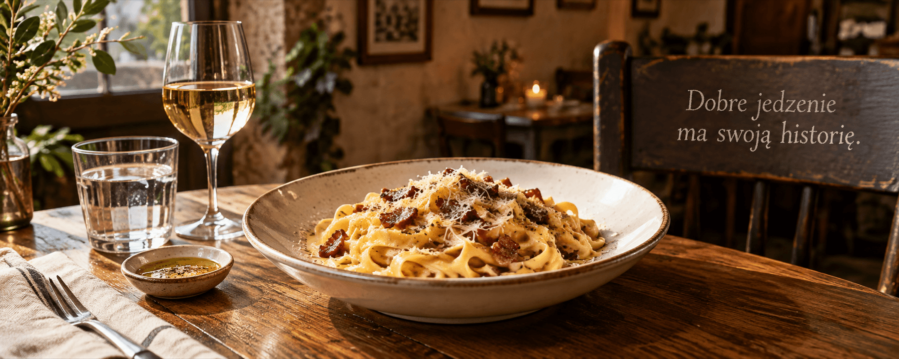 Carbonara przy restauracyjnym stole z napisem Dobre jedzenie ma swoją historię